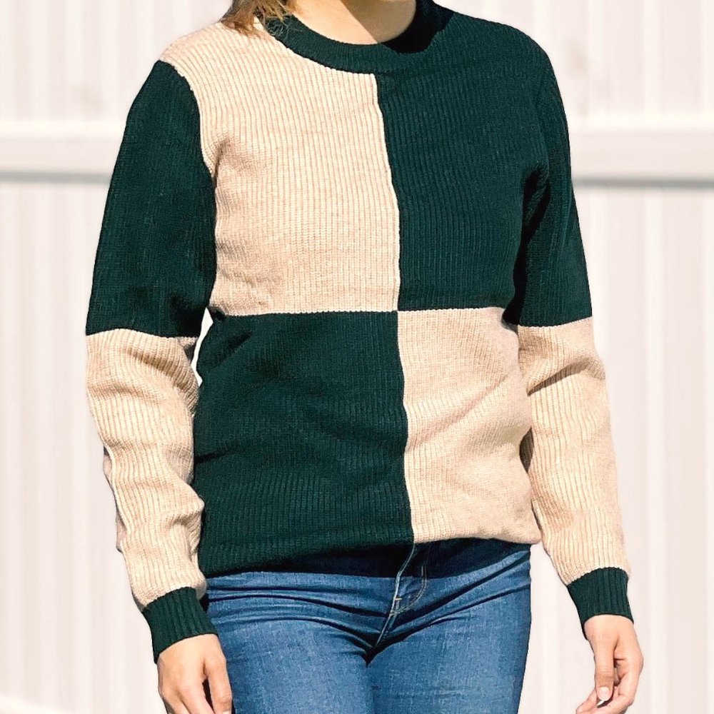 Beige & Green Color Block Crewneck Sweater